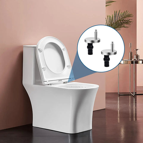 Two Pack Quick Release Toilet Seat Hinges For Blind Hole Fixes on a modern toilet with stainless steel and rubber components.