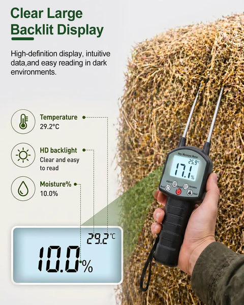 Hay Moisture Tester With Long Probe, Portable Bale Moisture Meter Forage Grass, Alfalfa, Orchard Grass, And Other Hays, One Second Read, 0 To 80 Percent, No Calibration Needed, Helps Prevent Overheating And Crop Loss During Storage. Handheld hay moisture meter with long stainless steel probe and backlit display measuring hay bale moisture.