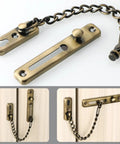 Brushed Stainless Steel Sliding Gate Latch Lock With Auto Spring Catch Rock Solid Security For Wooden Yard Gates Built Tough installed on door with chain.