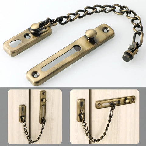 Brushed Stainless Steel Sliding Gate Latch Lock With Auto Spring Catch Rock Solid Security For Wooden Yard Gates Built Tough installed on door with chain.