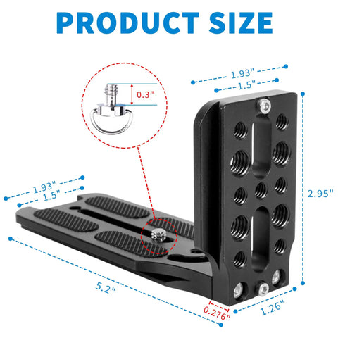 DSLR L Bracket Quick Release Plate showing measurements for Arca compatible design with thread holes for stabilizers