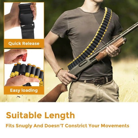 Shotgun Shell Holder With 56 Hole Tactical Shoulder Strap For 12 Gauge Shells, adjustable, easy loading, in outdoor use.