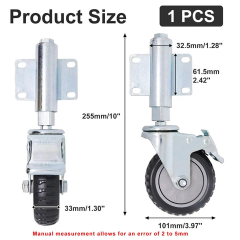 Heavy Duty Gate Support Wheel That Handles Weight Like A Champ And Rolls Buttery Smooth With Spring Loading And Foot Brake Ideal For Wood Or Metal Yards Rated 170 Lbs Zero Hiccups Daily, showing size measurements and steel hub.