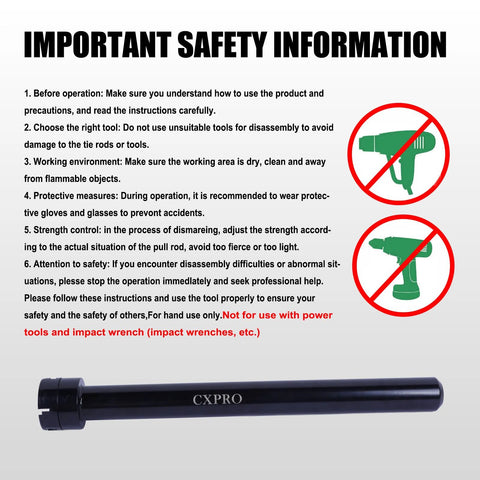 CXPRO inner tie rod removal tool tube, black, front view showing safety information graphic on white background