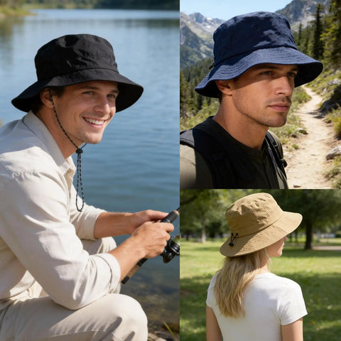 Men and woman wearing Packable Sun Bucket Hat For Men With UV Protection Lightweight Waterproof Outdoor Cap For Hiking Beach And Travel Breathable Black Sun Hat Foldable Design For Easy Packing And All Day Comfort in black and beige outdoors