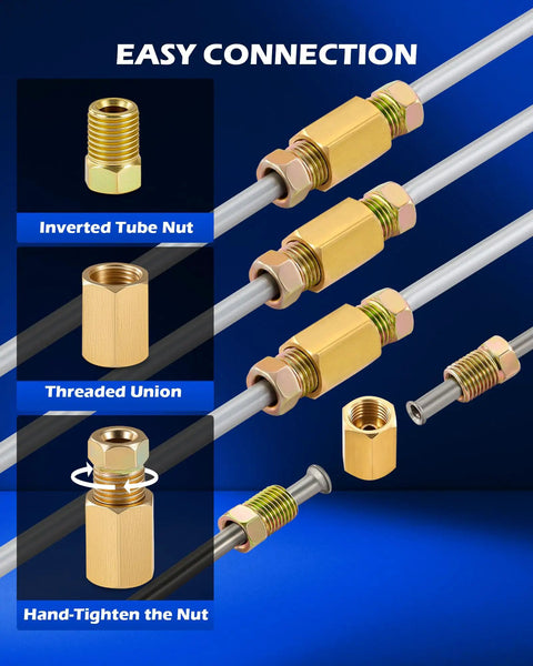 Ditch The Guesswork With A Pro Grade Three Sixteenth Inch Brake Line Flaring Kit showing easy connection with fittings and unions.