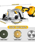 5 Inch 21V Cordless Mini Circular Saw Featuring Zero To Forty Five Degree Tilt For Sharp Miter Cuts And Rapid Edge Trimming with size details shown.