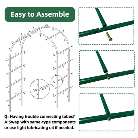 Assembly instructions for Heavy Duty Garden Arch Trellis With 16mm Thickened Tubing, 7.6ft Metal Garden Arbor, showing tube connections