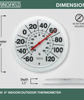 Wireless Indoor Outdoor Dial Thermometer With An 8 Inch Display For Patio Pool And Indoor Use Weather Resistant White Shows Easy To Read Large Numbers From Minus 60 To 120 Degrees Fahrenheit, dimensions view