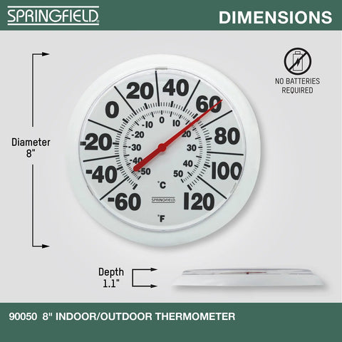 Wireless Indoor Outdoor Dial Thermometer With An 8 Inch Display For Patio Pool And Indoor Use Weather Resistant White Shows Easy To Read Large Numbers From Minus 60 To 120 Degrees Fahrenheit, dimensions view