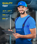 Mechanic in blue uniform conducting a quality test with clipboard; heat resistance, power, and RPM specifications visible.