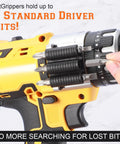 Side view of power drill with Six Pack Drill Bit Holder Holster With High Strength Adhesive mounted, holding six driver bits.