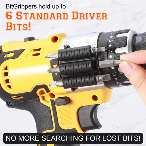 Side view of power drill with Six Pack Drill Bit Holder Holster With High Strength Adhesive mounted, holding six driver bits.