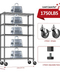 Heavy Duty 5 Tier Steel Wire Shelving Unit On Casters For Garage Kitchen Office Laundry Basement, Adjustable Shelves