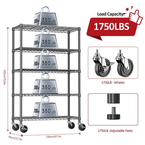 Heavy Duty 5 Tier Steel Wire Shelving Unit On Casters For Garage Kitchen Office Laundry Basement, Adjustable Shelves