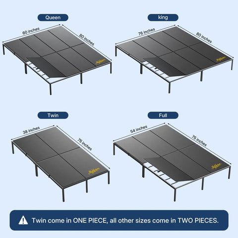 Image showing dimensions for queen, king, twin, and full sizes of Built Different Queen Size Bunkie Board rock solid mattress foundation.