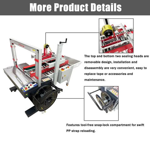 Automatic Carton Sealer And Strapping Machine Crushes Shipping Orders With Blazing Fast Taping And Securing Smart hands-free sensor action.