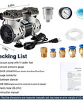 Big Suction Oil Free Vacuum Pump 85L Per Minute With Handy On Off Toggle And Aluminum Noise Damper showing complete packing list and accessories.