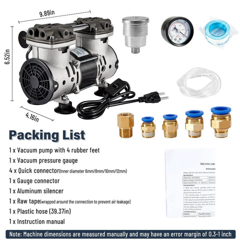 Big Suction Oil Free Vacuum Pump 85L Per Minute With Handy On Off Toggle And Aluminum Noise Damper showing complete packing list and accessories.