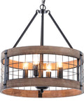 4-Light Farmhouse Drum Chandelier Barn-Inspired With Rustic Wood Rings For Dining Room, Black Metal Finish, 17.8 Inch Diameter