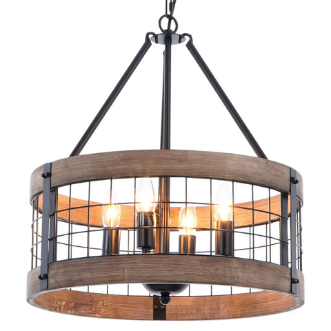 4-Light Farmhouse Drum Chandelier Barn-Inspired With Rustic Wood Rings For Dining Room, Black Metal Finish, 17.8 Inch Diameter