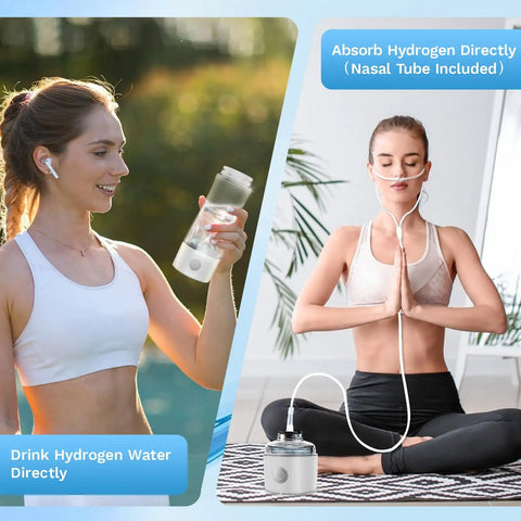 Portable Hydrogen Water Bottle With 2300ppb Molecular Hydrogen And PEM SPE Technology, 15oz used by women for hydration and breathing.