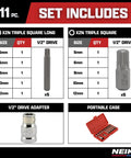 XZN Triple Square Socket Set 11 Pc Long And Short 12 Point CrV Steel Spline Bits For European Cars size chart and case