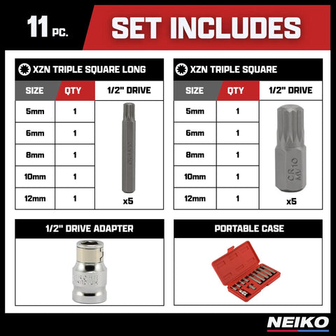 XZN Triple Square Socket Set 11 Pc Long And Short 12 Point CrV Steel Spline Bits For European Cars size chart and case