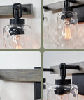 Close-up of Ashland 24 Inch 3 Light Farmhouse Vanity Light with hammered glass shades and gray oak finish detail