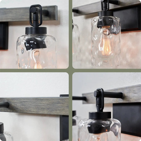 Close-up of Ashland 24 Inch 3 Light Farmhouse Vanity Light with hammered glass shades and gray oak finish detail