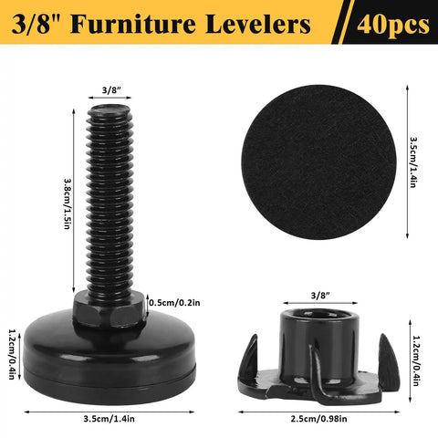 Close-up of Beefy 40 Pcs Adjustable Leveling Feet With T Nut Kit Three Eighths Inch Sixteen Thread Heavy Duty Metal Levelers