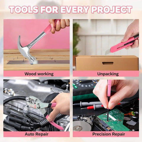 39 Piece Household Tool Set For Home, Garage, Office And Dorm Pink, Pro Grade DIY Essentials showing tools for various repairs.