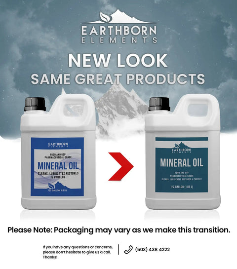 Side-by-side comparison of old and new packaging for Mineral Oil For Wood Care 64 Fl Oz Pure And Undiluted Clear Formula No Additives.