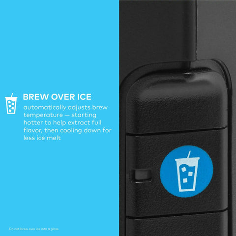 Close-up of Brew Over Ice button on Barista Style Single Serve Coffee Maker With Built In Milk Frother For Hot Or Iced Lattes And Cappuccinos, Three Brew Sizes, Two Oz Shot Button, Works With Any K Cup Pod, Black.