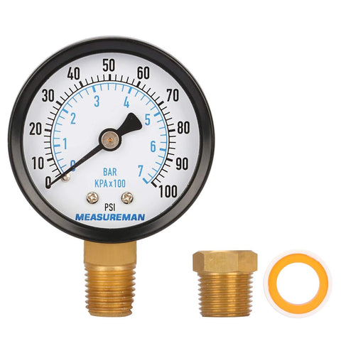 Measureman 2-inch well pump pressure gauge front view, brass 1/4 NPT inlet with 1/2 NPT adaptor and gasket, 0–100 psi/bar