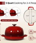 5 Quart Cast Iron Dutch Oven For Sourdough Baking With Domed Enamel Lid Round Bread Oven In Cherry Red, dimensions shown
