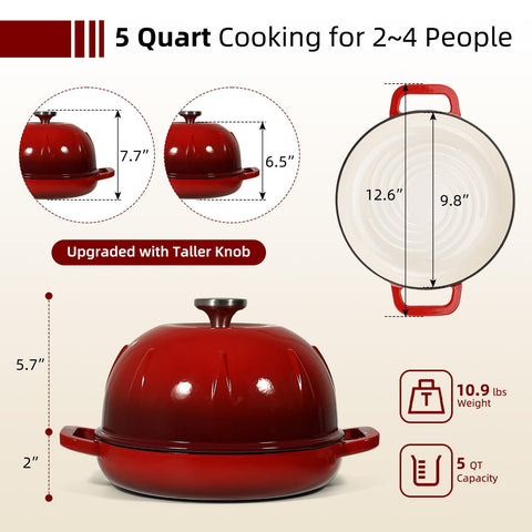 5 Quart Cast Iron Dutch Oven For Sourdough Baking With Domed Enamel Lid Round Bread Oven In Cherry Red, dimensions shown