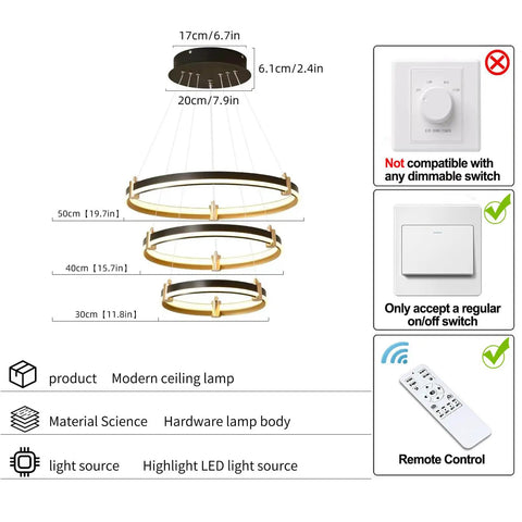 Dope Modern LED Chandelier Pendant Light For Kitchen Island Dining Living Room Bedroom Foyer, 90W Dimmable Black 3-Ring Acrylic Hanging Fixture diagram