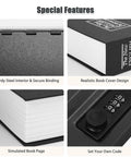 Four images showing features of Diversion Book Safe With Three Digit Combination Lock Hidden Safe In Plain Sight. Steel interior, dictionary cover, simulated page edges, combination lock.