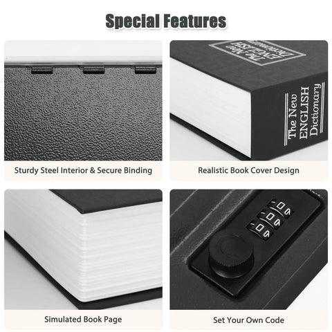 Four images showing features of Diversion Book Safe With Three Digit Combination Lock Hidden Safe In Plain Sight. Steel interior, dictionary cover, simulated page edges, combination lock.