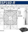 Technical diagram of R-Axis Manual Rotary Stage RSP 160 R with 360° swivel, showing dimensions and specifications in millimeters.