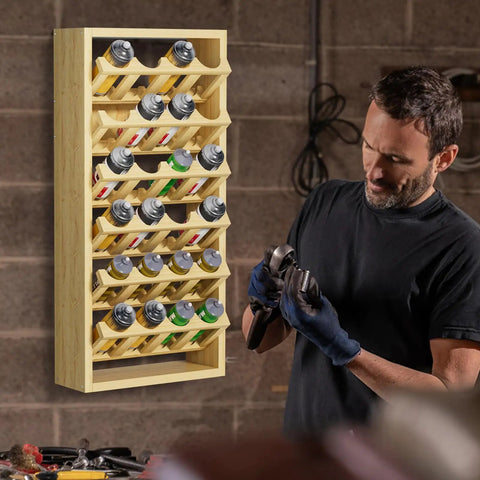 Wall Mounted 24 Can Spray Paint Holder, 6 Tier Wooden Aerosol Organizer Rack, pine wood, hands adjusting tools, garage workshop