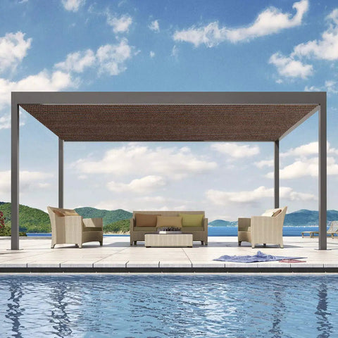 Outdoor setup with Brown 5x7 Sun Shade Sail Rectangular UV Blocking Canopy over patio furniture by a pool, under clear sky.