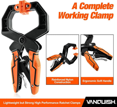 Front view of Beefy 4 Pack Quick Release Ratcheting Wood Clamps For Woodworking Heavy Duty Hand Clamps With Ergonomic Handles