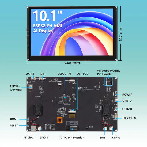 Dope 10.1 Inch ESP32 P4 Touchscreen Display With AI Speech 1024x600 IPS HMI Dual Core Up To 400MHz 2.4GHz WiFi 6 And Bluetooth 5.3 Arduino ESP IDF Ready No Camera Compact IoT Dev Panel For Smart Projects, front and back view