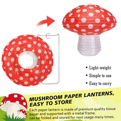 Forest Theme Mushroom Shaped Paper Lanterns Set with red polka dots, shown with folding mechanism for easy storage and use.