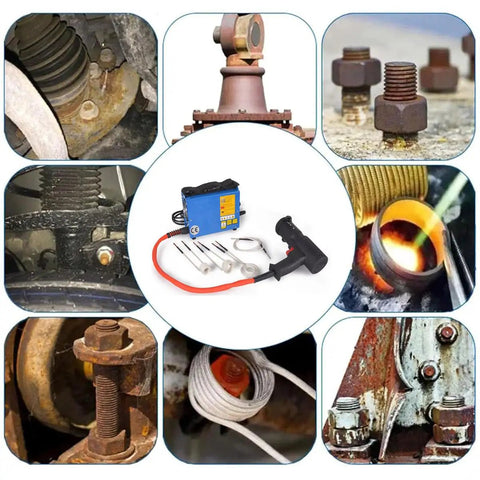 Portable 1500W Electromagnetic Induction Heater For No Sweat Nut Bolt Bearing Removal Flameless Heavy Duty Tool showcased with various nuts and fasteners.