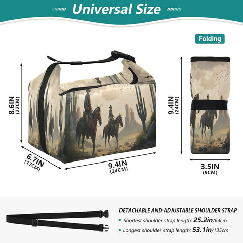 Cowboy Desert Themed Insulated Lunch Bag Tote showing dimensions, with cowboy graphic, leakproof, reusable and foldable design.