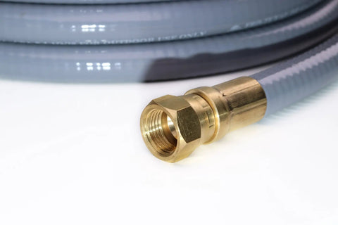 Close-up of brass connector on 12 Foot Three Eighths Inch ID Natural Gas Hose With Quick Connect Low Pressure LPG Hose For Weber Grills