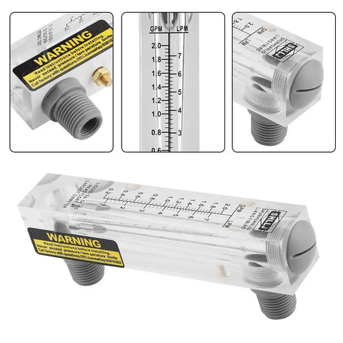 Glass Panel Liquid Flow Meter For Water 0.2-2 GPM And 1-7 LPM with clear dial and warning label on side